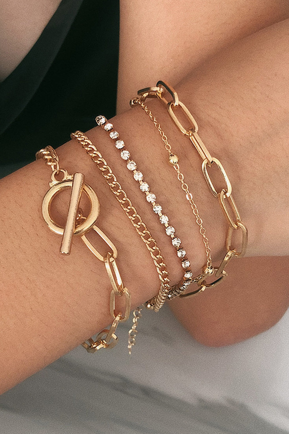 Gold Multi Layered Rhinestone Plated Bracelet Set