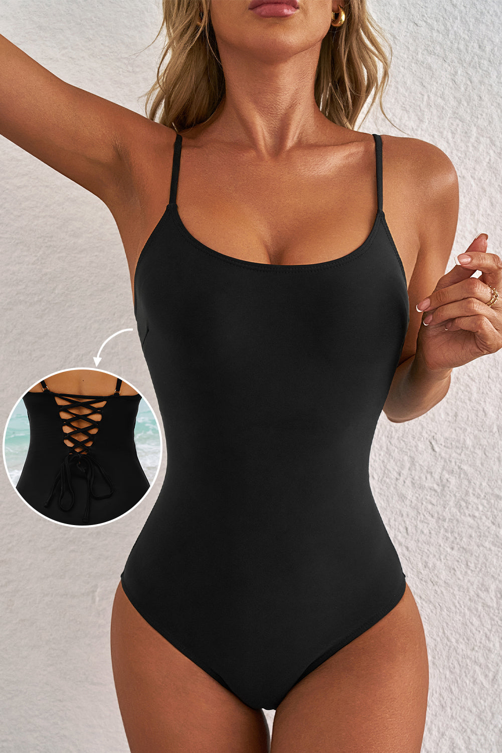 Black Lace-up One Piece Swimsuit