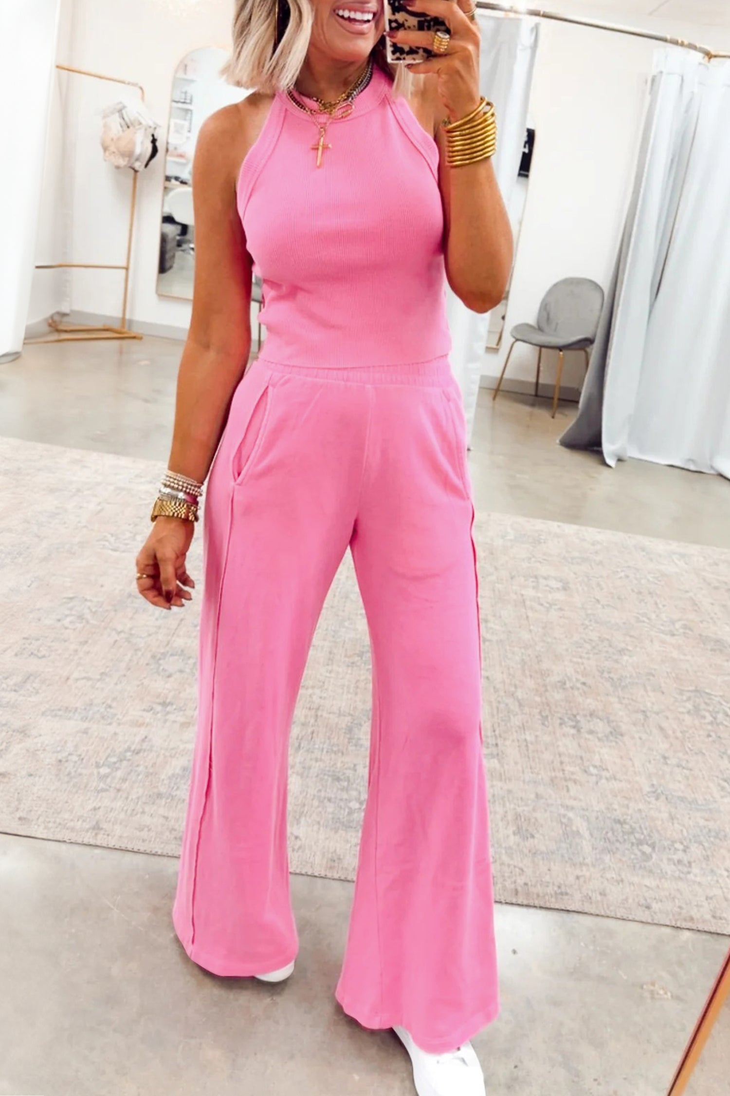 Pink Slim Ribbed Tank Top and Sweatpants Set