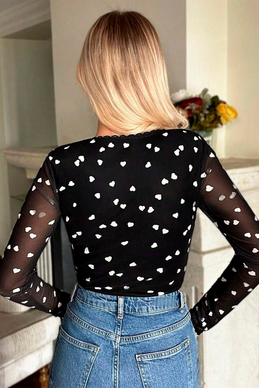 Black Heart Shape Mesh Square Neck Bodysuit