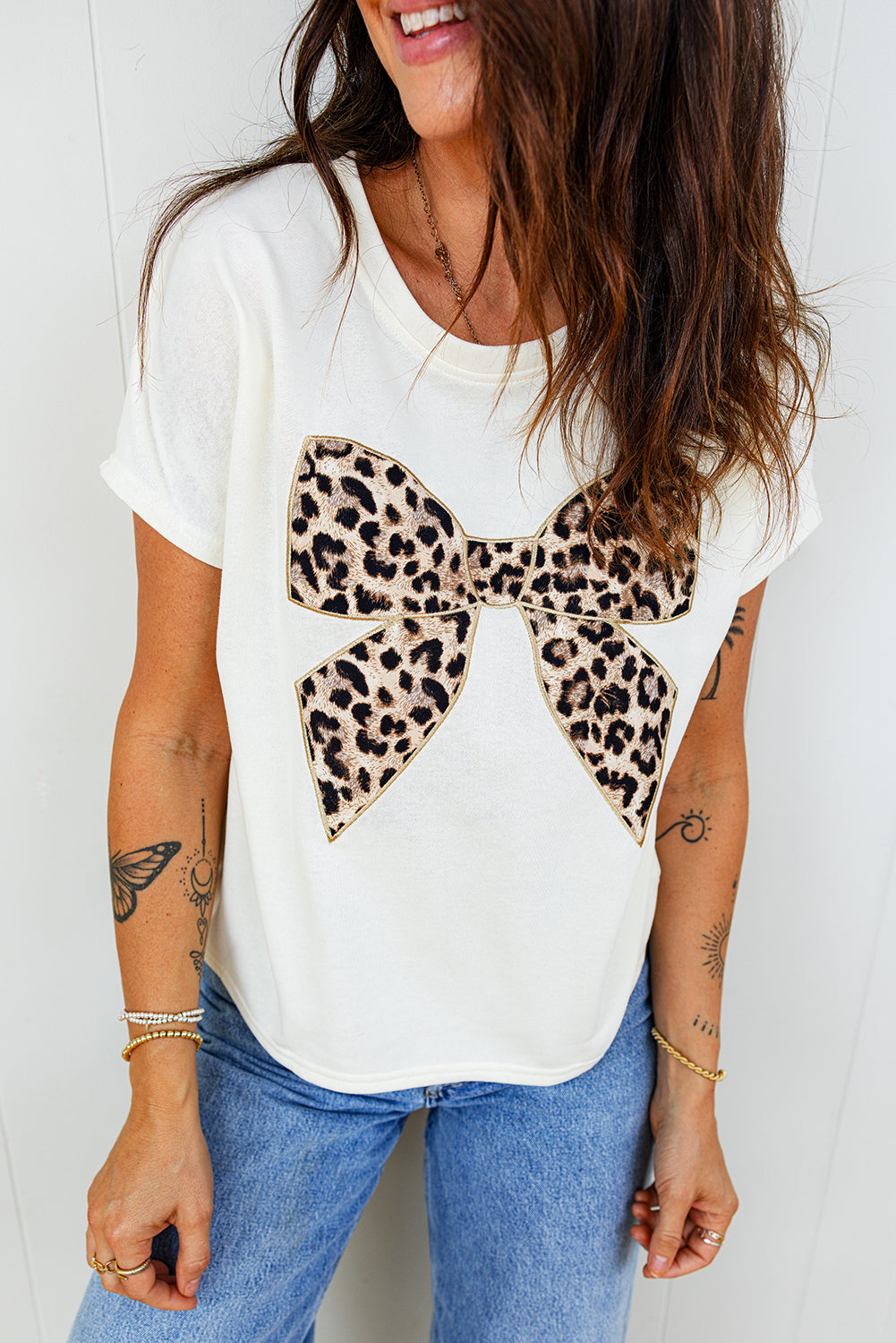 White Leopard Bow Embroidered T Shirt