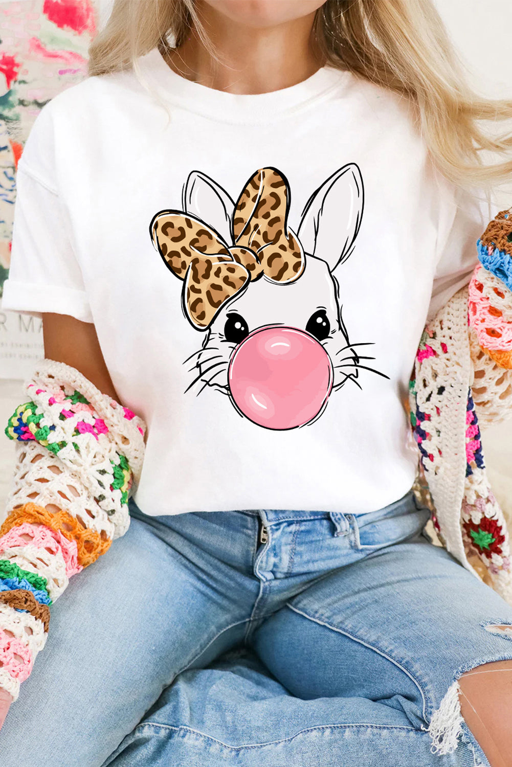 Leopard Bow Bubble Rabbit Graphic T Shirt