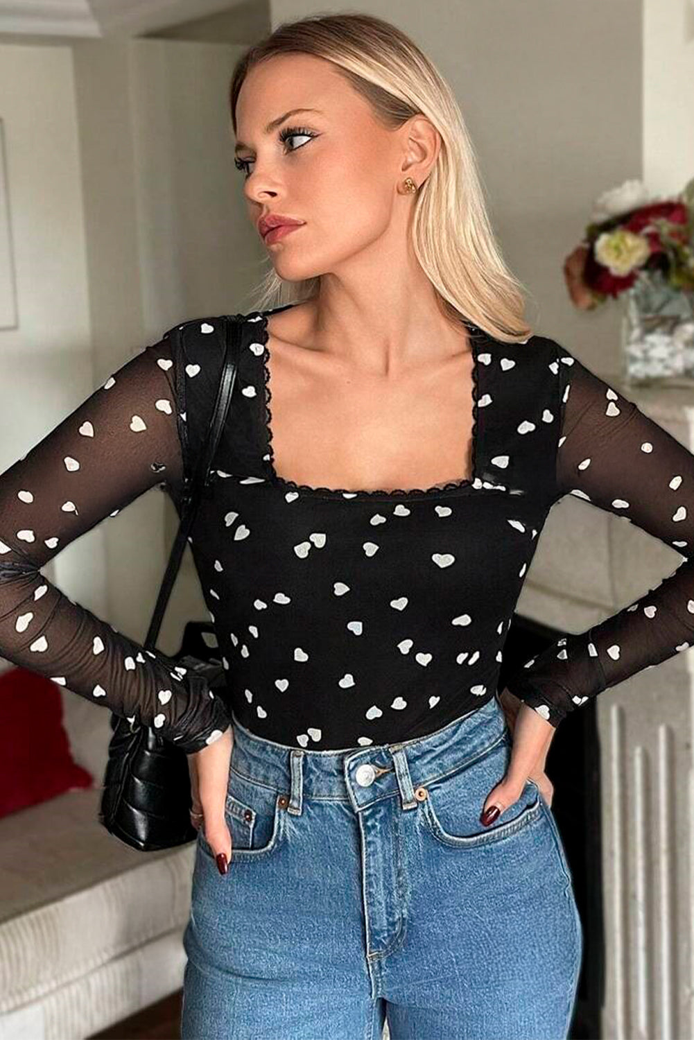 Black Heart Shape Mesh Square Neck Bodysuit