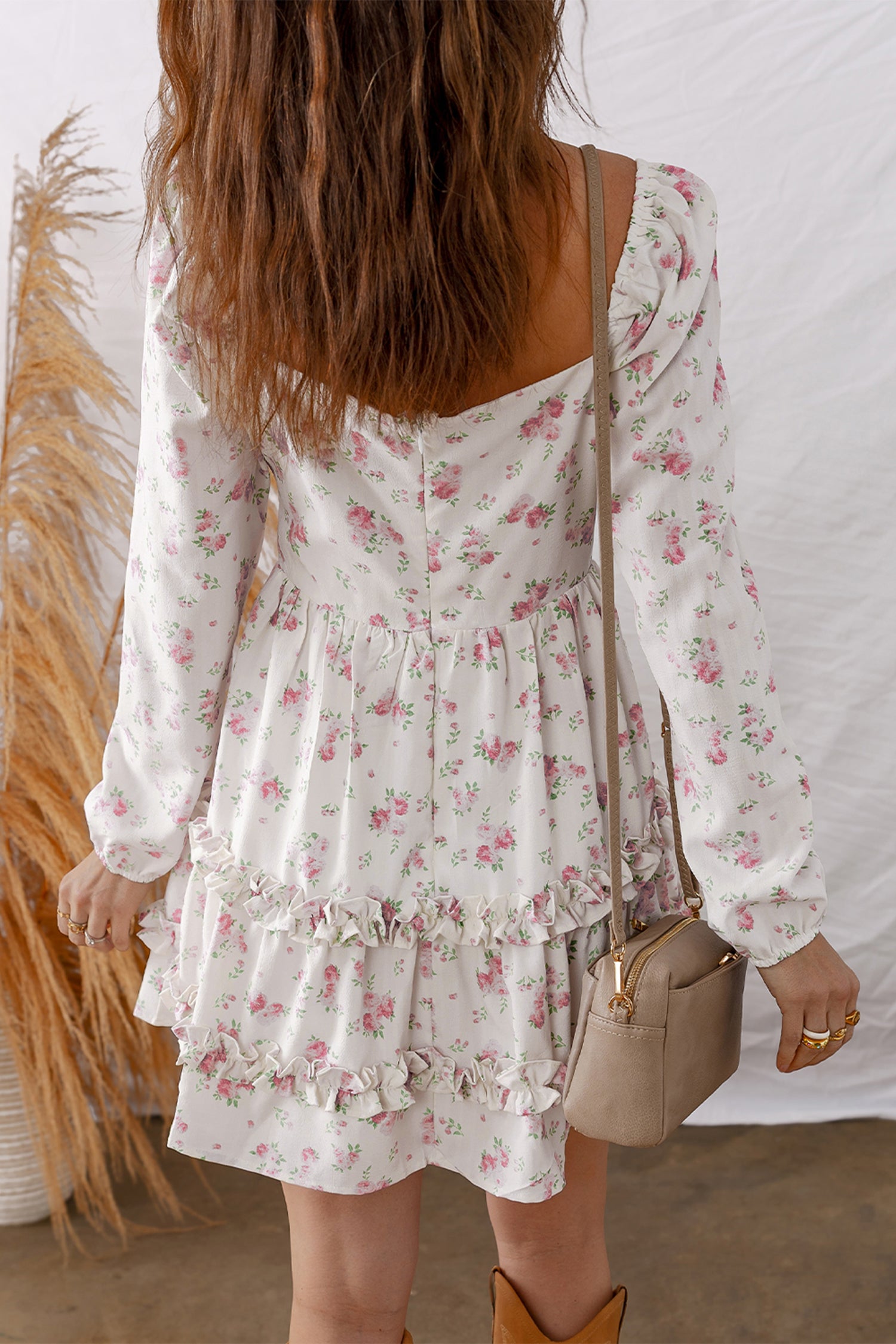Pink Floral Print Long Sleeve Ruffle Mini Dress