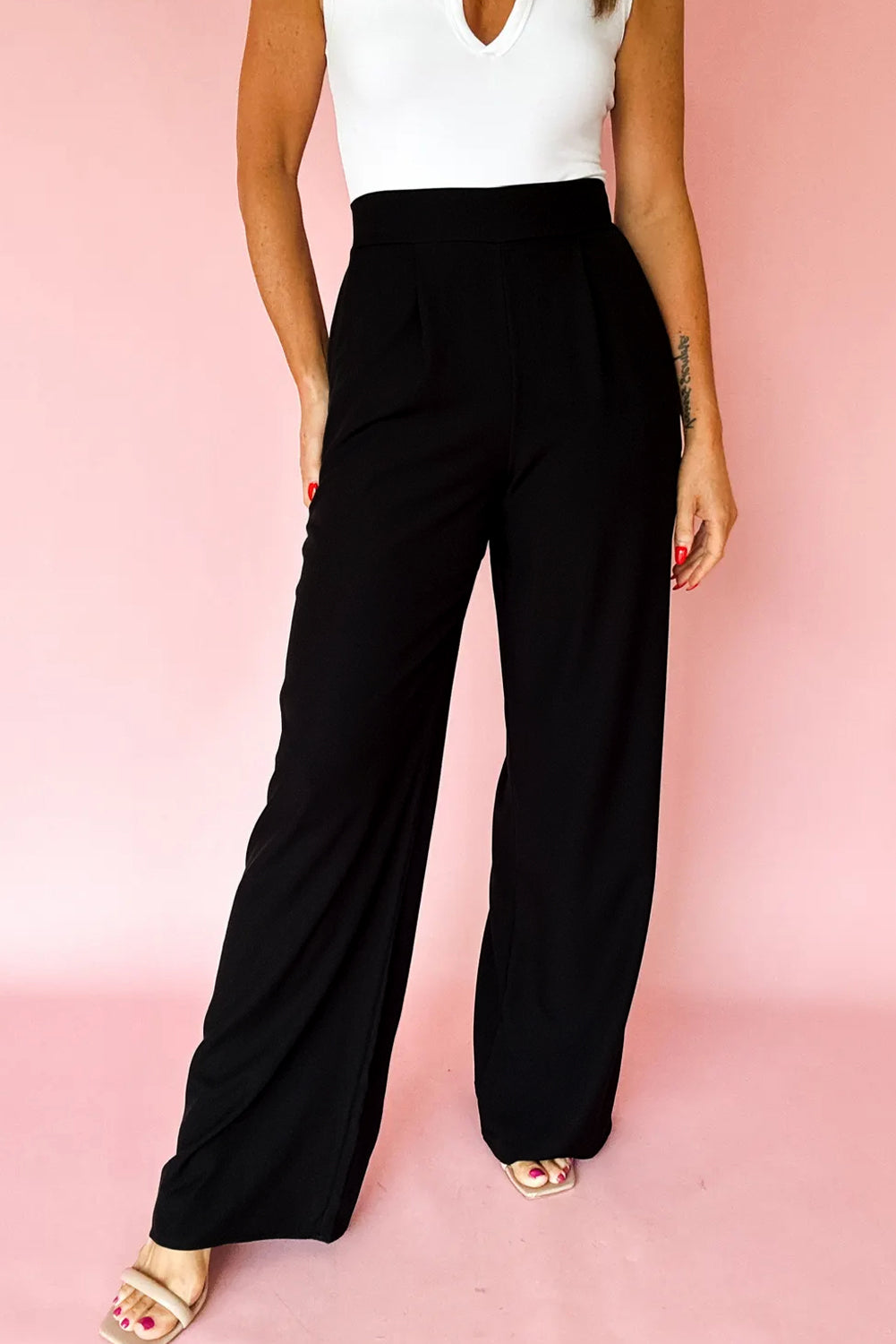 Pleated Elastic Waist Loose Straight Pants