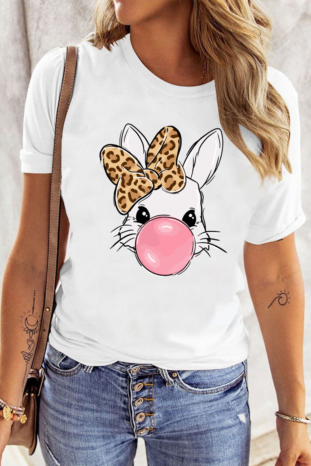 Leopard Bow Bubble Rabbit Graphic T Shirt