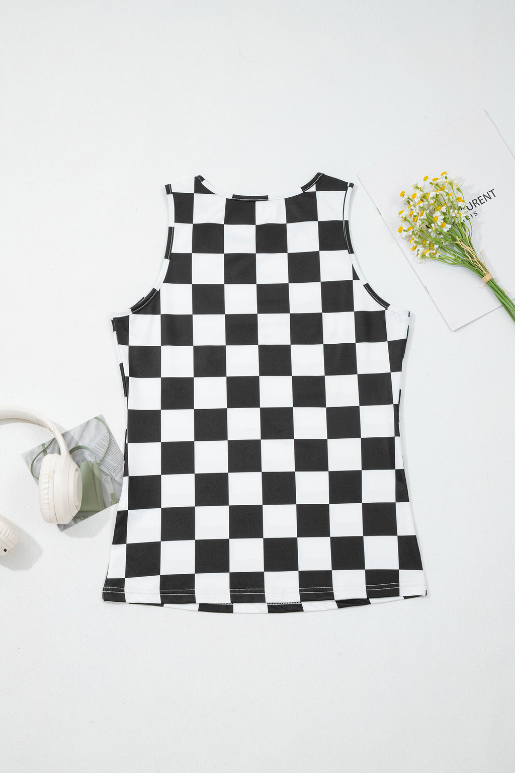 Black Checkerboard Printed Slim Tank Top
