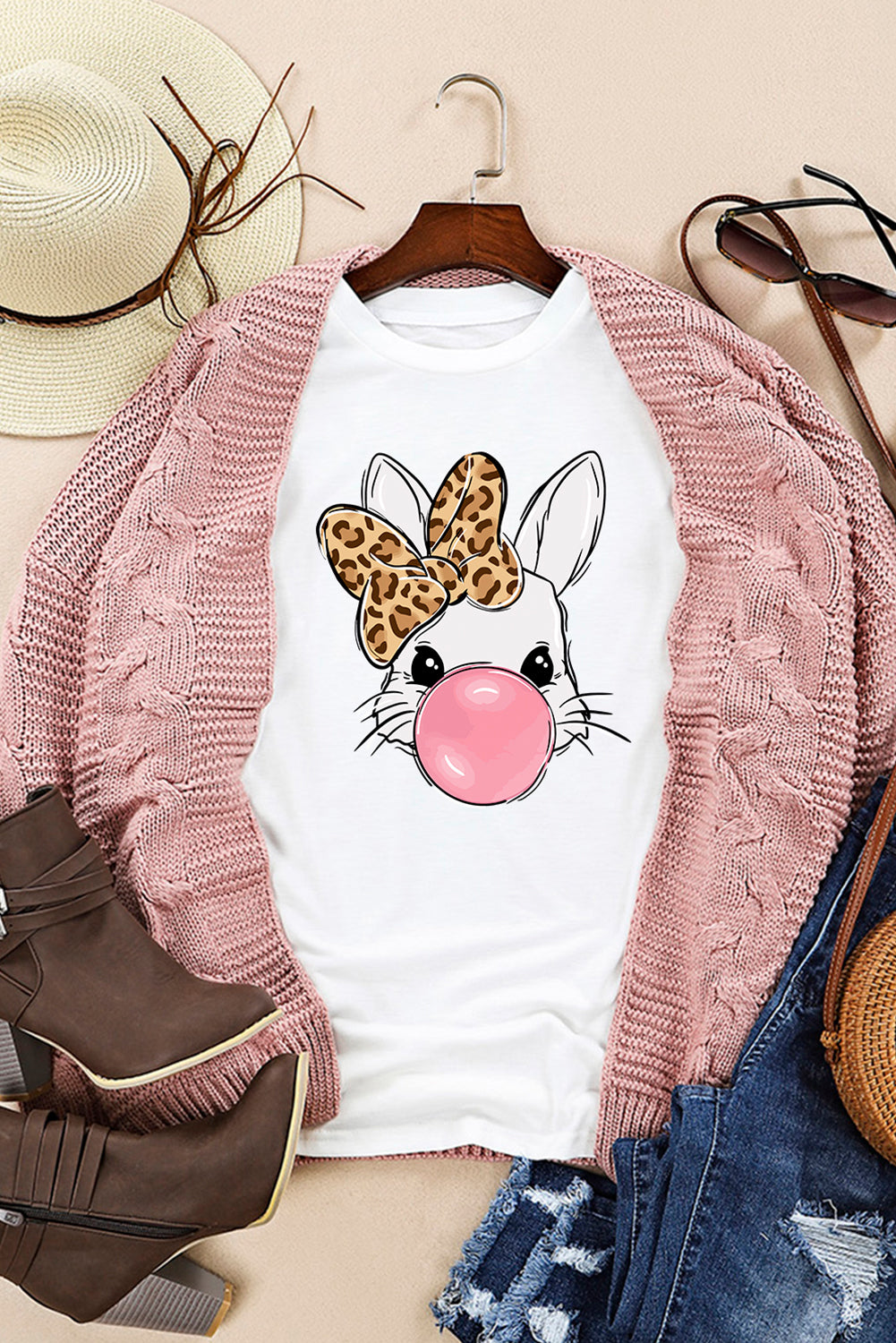 Leopard Bow Bubble Rabbit Graphic T Shirt