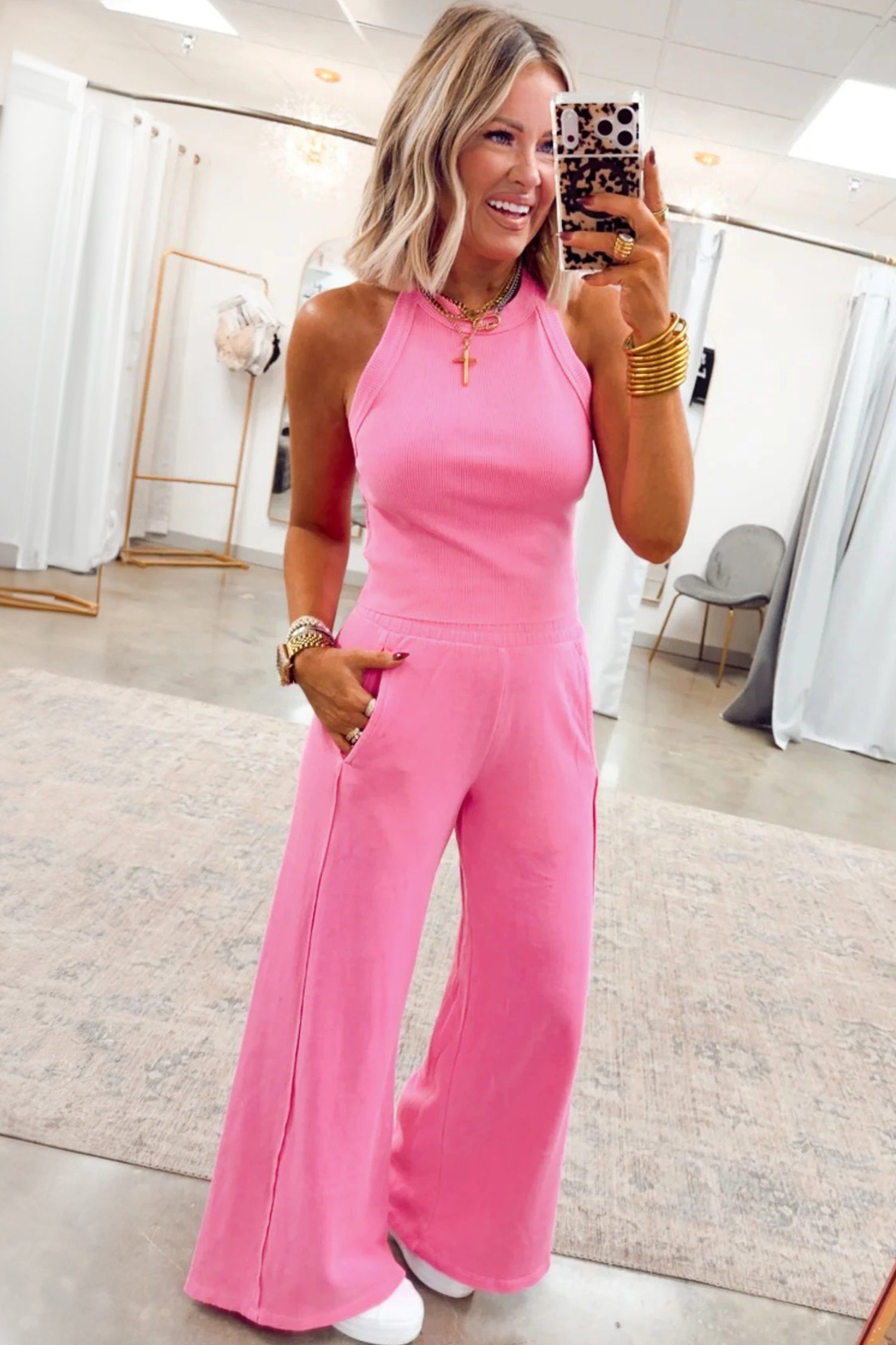Pink Slim Ribbed Tank Top and Sweatpants Set