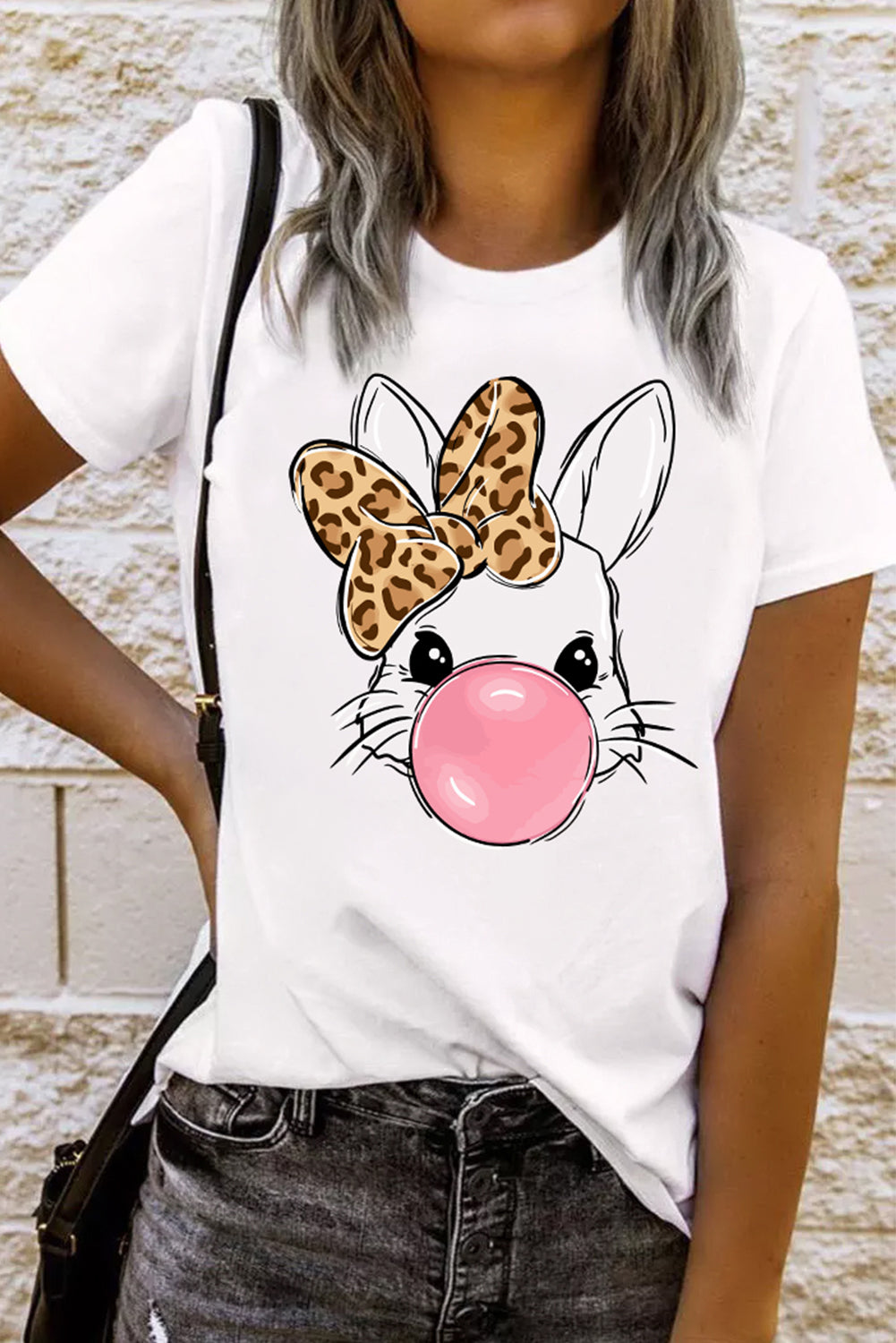 Leopard Bow Bubble Rabbit Graphic T Shirt
