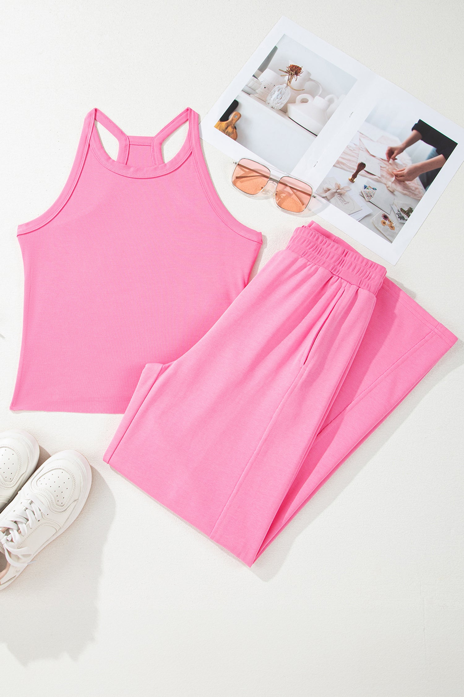 Pink Slim Ribbed Tank Top and Sweatpants Set