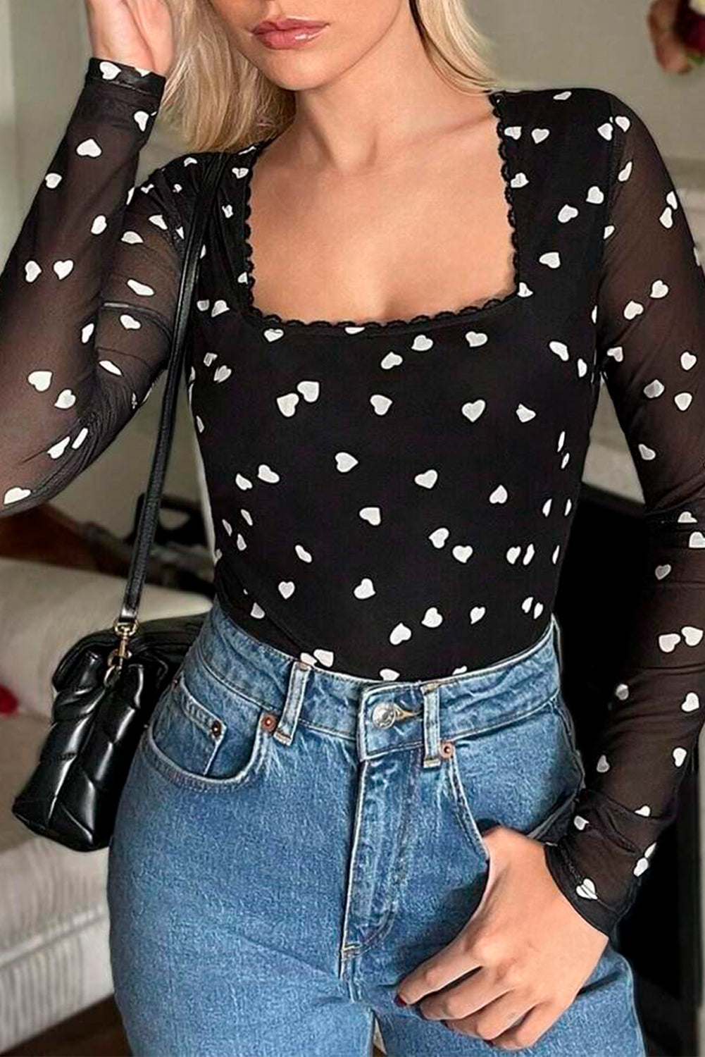 Black Heart Shape Mesh Square Neck Bodysuit