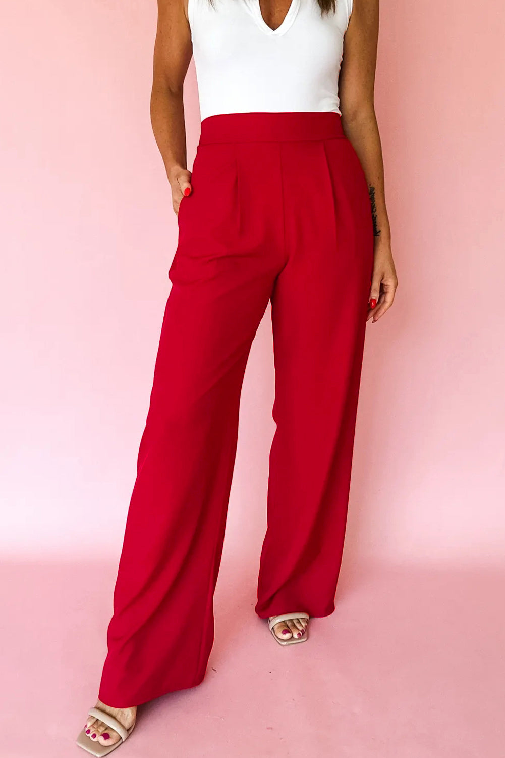 Pleated Elastic Waist Loose Straight Pants